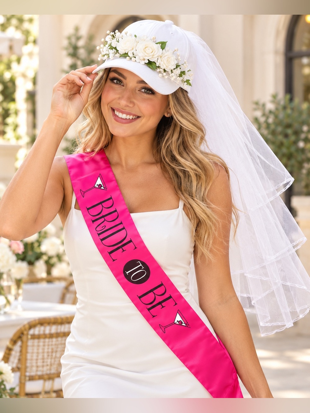 Bride to Be Pink Sash & Floral Veil Cap Bachelorette Set